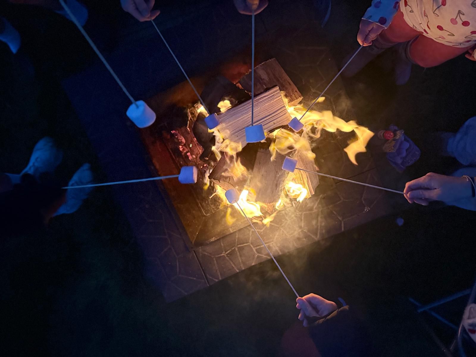 Friends toasting marshmallows over a campfire