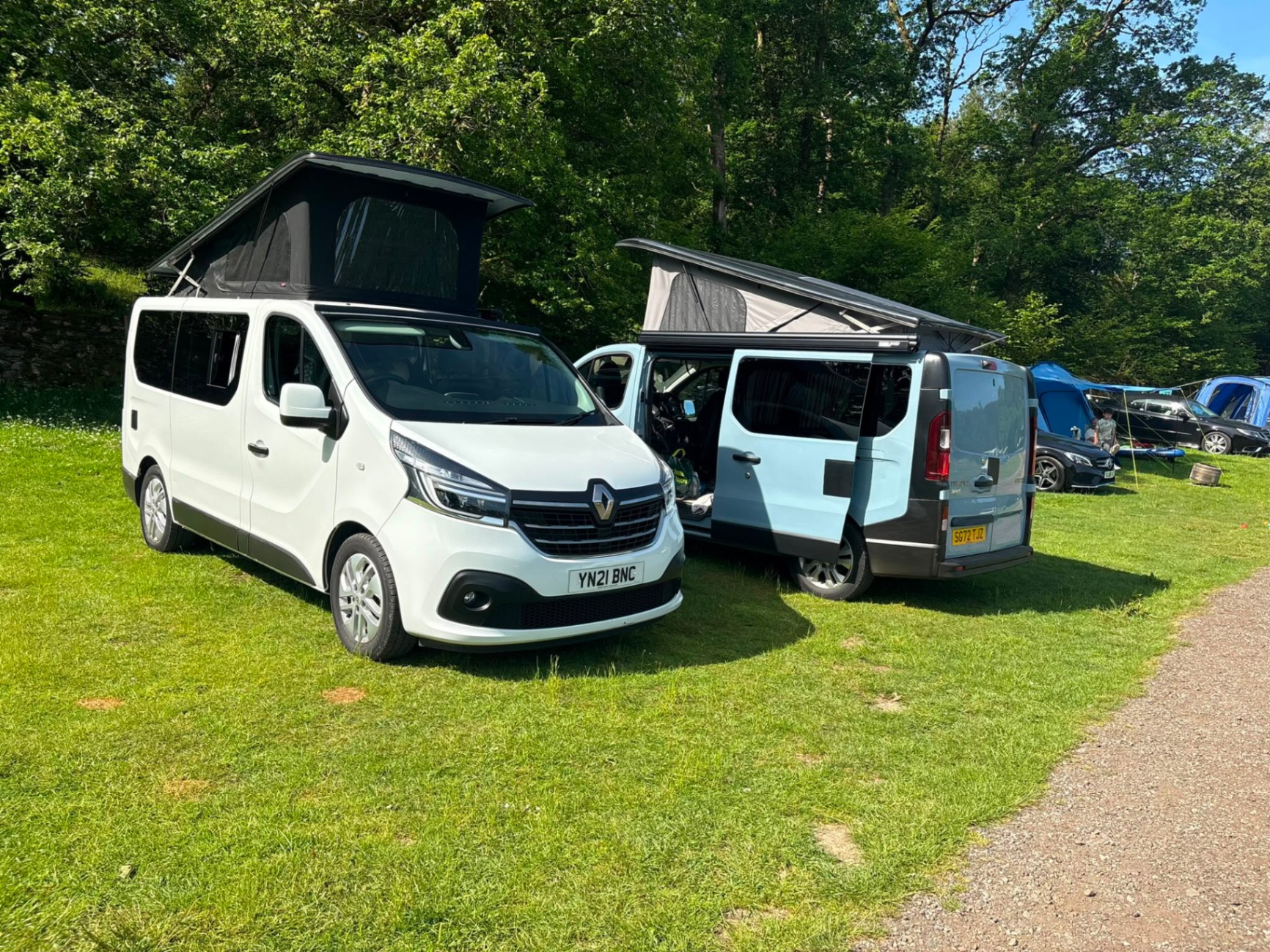 Lulu and Maisie-Moo parked together on a sunny campsite